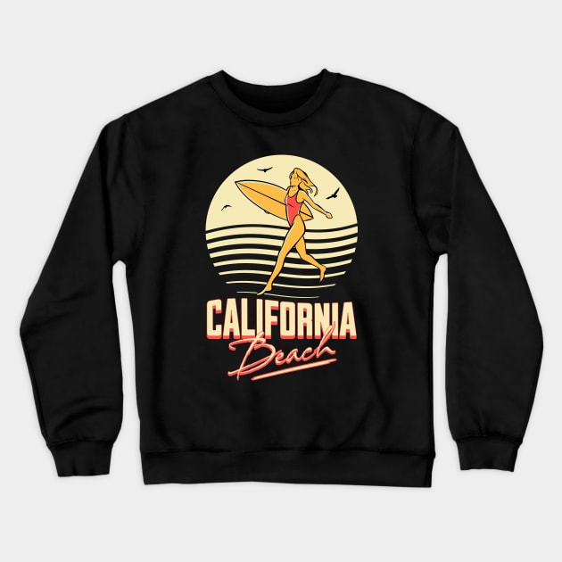 California Beach Surfer Girl Crewneck Sweatshirt by ReaverCrest